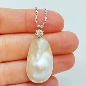Vtg Blister Pearl .24ct Diamond Pendant Necklace 14k Setting 925 Sterling Chain